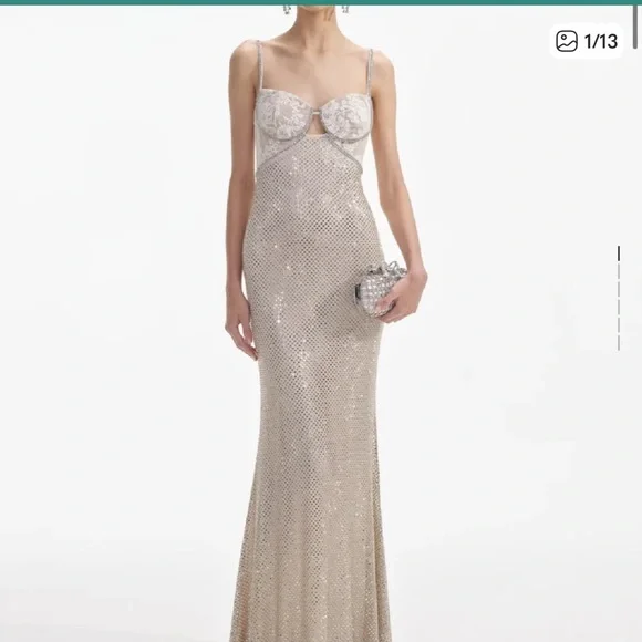 Self Portrait cream rhinestone mesh maxi dress elegant cocktail ethereal US 12 - Picture 1 of 16